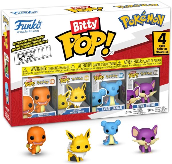Funko Pop! Bitty: Pokemon - Charmander. Jolteon. Lapras. and Rattata - 0.9 Inch (2.2 Cm) Collectable - Stackable Display Shelf Included - Gift Idea - Party Bags Stocking