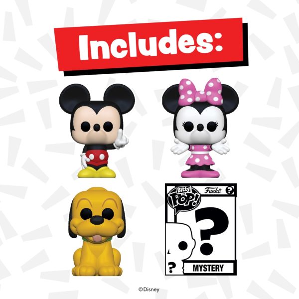 Funko Bitty POP! Disney - Mickey. 4-Pack - Mickey Mouse. Minnie Mouse (Pink Dress). Pluto and A Surprise Mystery Mini Figure - 0.9 Inch (2.2 Cm) Collectable - Stackable Display Shelf Included