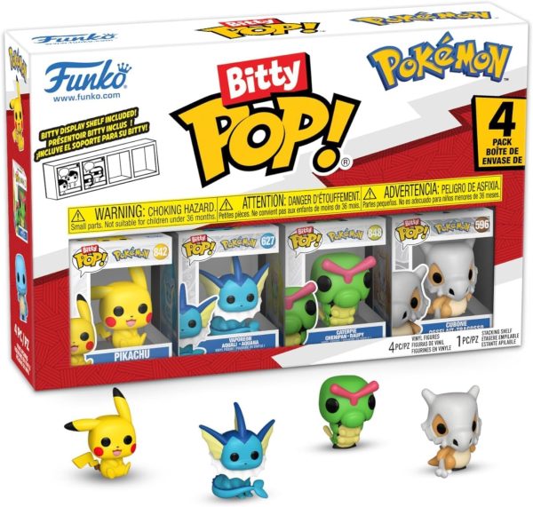 Funko Pop! Bitty: Pokemon - Pikachu. Vaporeon. Caterpie. and Cubone - 0.9 Inch (2.2 Cm) Collectable - Stackable Display Shelf Included - Gift Idea - Party Bags Stocking